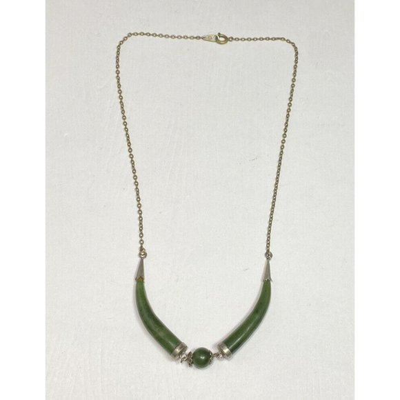Vtg 925 Double Horn Green Jade Gold Tone Necklace 17 “...